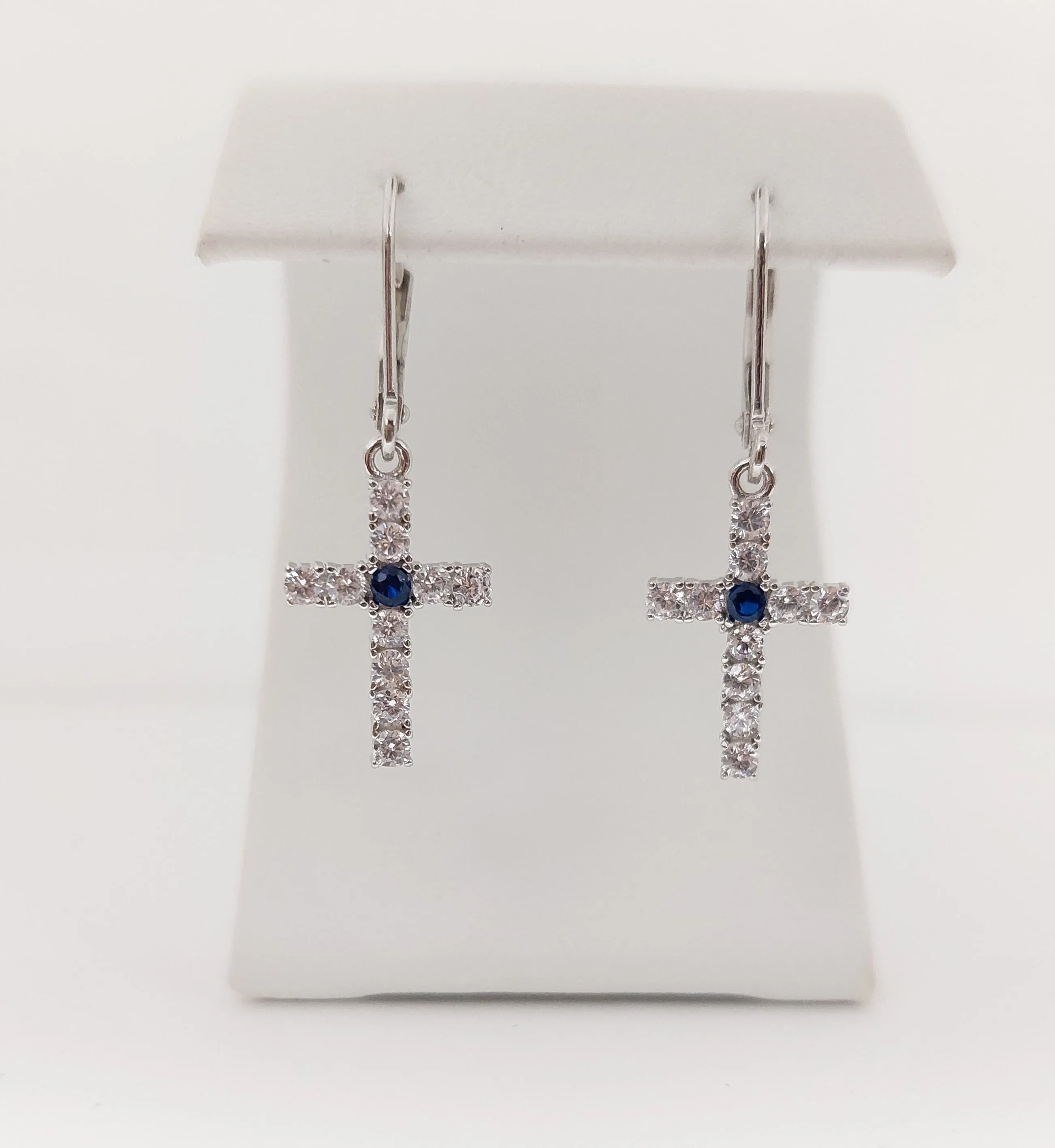 Silver Simulated Blue Sapphire/Diamond Cross Earrings