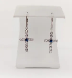 Silver Simulated Blue Sapphire/Diamond Cross Earrings