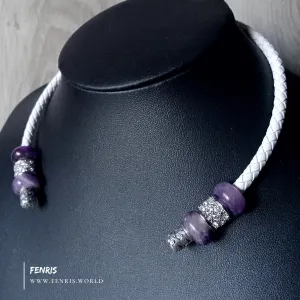 Silver Torc Purple Amethyst White Leather Necklace