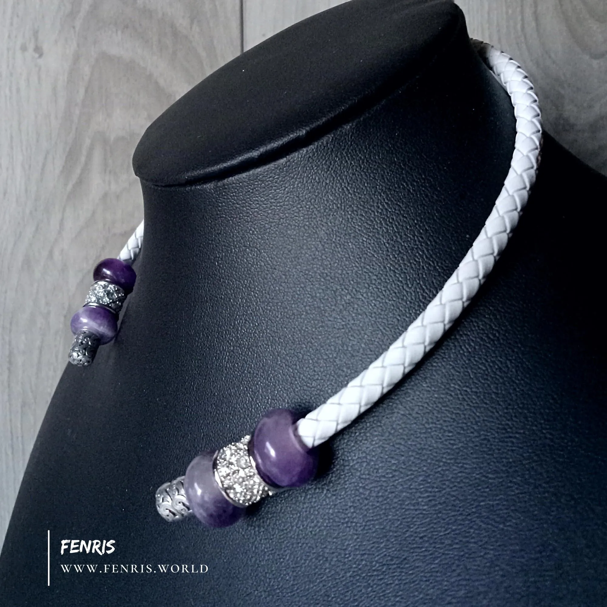 Silver Torc Purple Amethyst White Leather Necklace