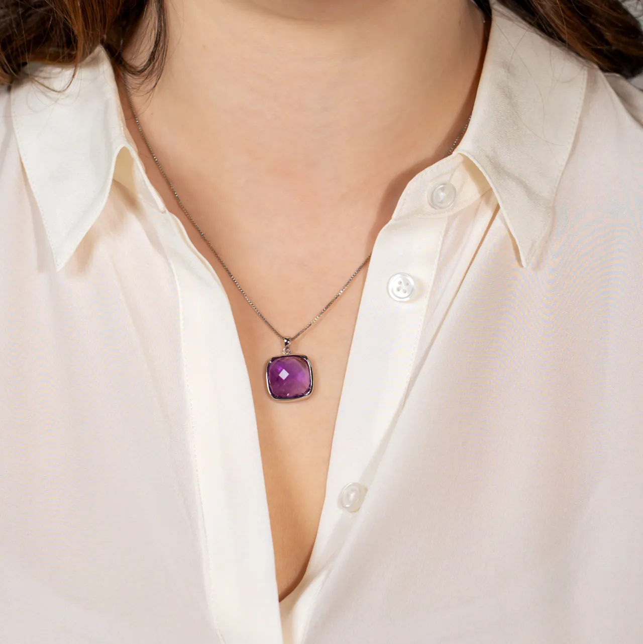 Sterling Silver Checker Cut Amethyst Pendant