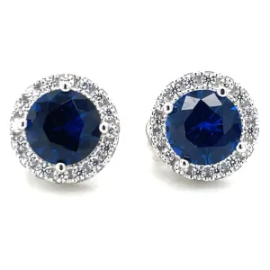 Sterling Silver Sapphire And Cz Halo Stud Earrings