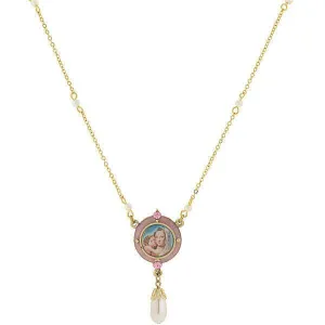 Symbols Of Faith Pink & Faux Pearl Drop Pendant Mary And Child Necklace 16"   3" Extender