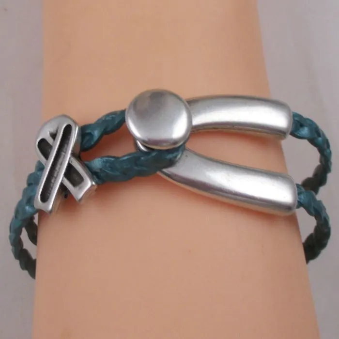 Teal Awareness Braided Flat Leather Bracelet Woman