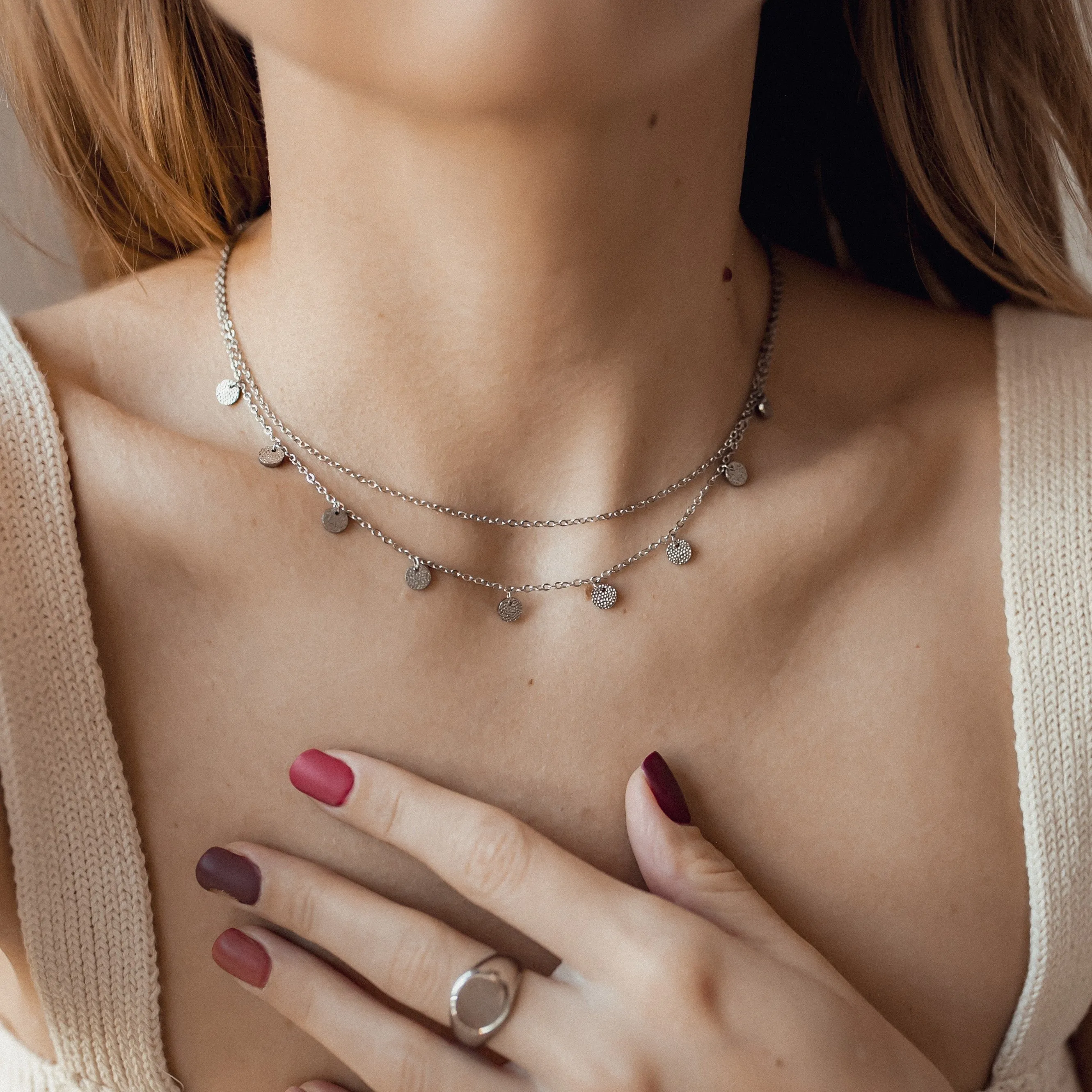 Textured Circle Layered Necklace Silver