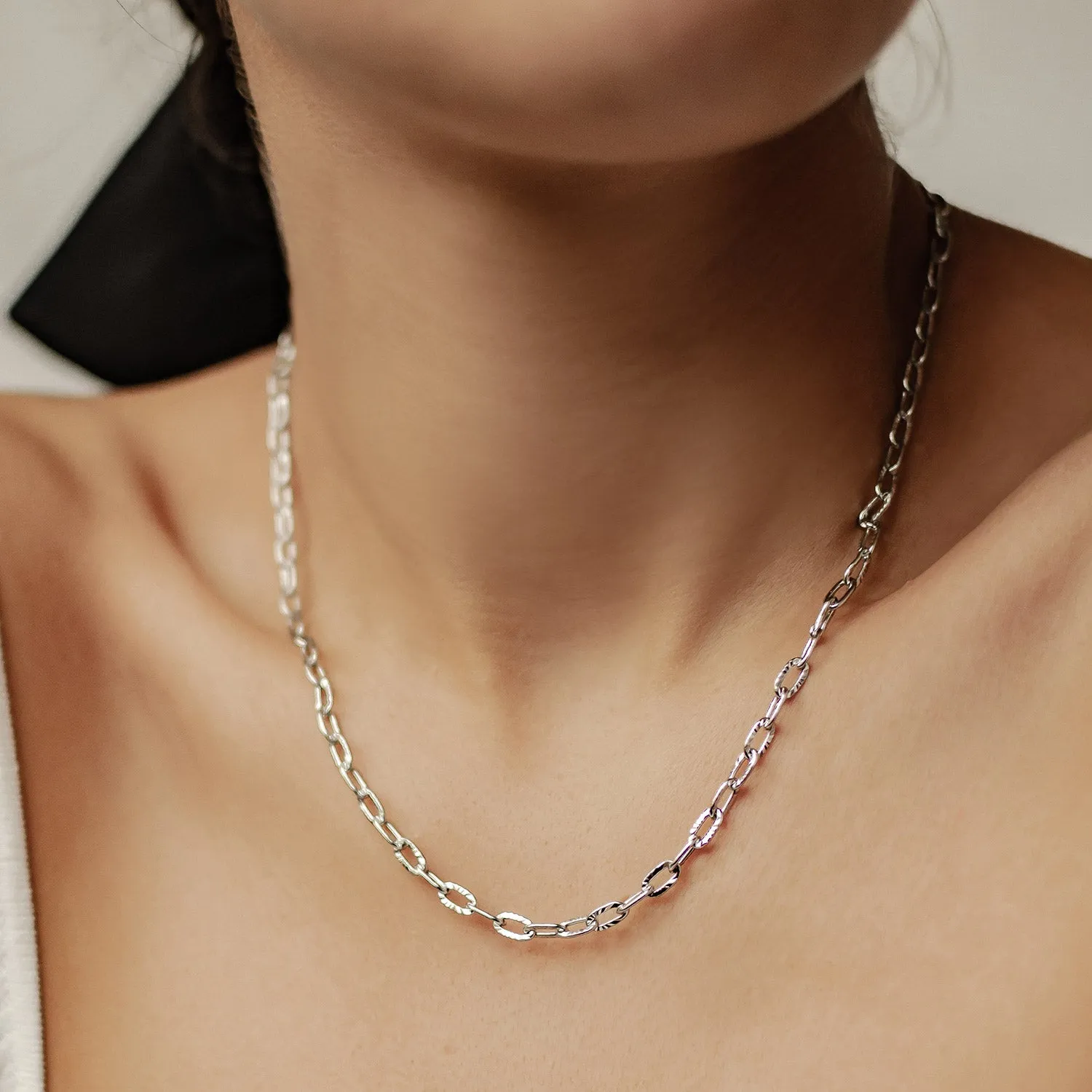 Textured Link Chain Necklace Silver