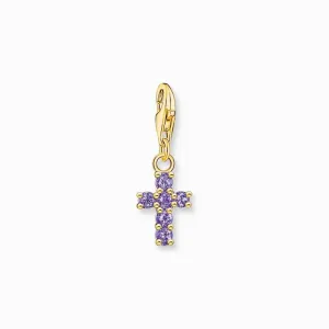 Thomas Sabo Charm Pendant - Cross with Amethyst-Coloured Stones Yellow-Gold Plated