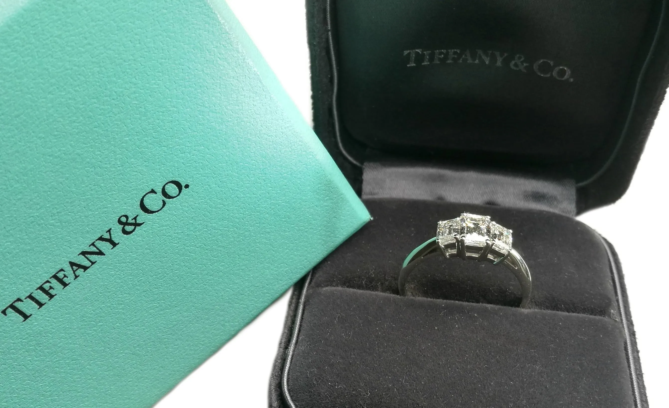 Tiffany & Co. 1.70tcw F/VVS2/VS1 Emerald Cut 3-Stone Diamond Engagement Ring