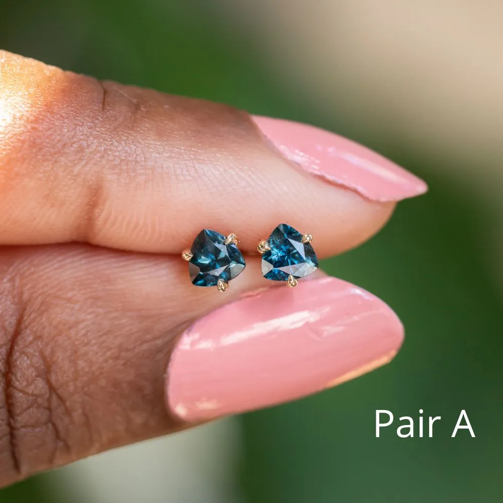 Trillion Sapphire Stud Earrings in 14k Yellow Gold