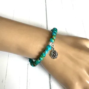 Turquoise Glass and Silver Flower Beaded Bracelet