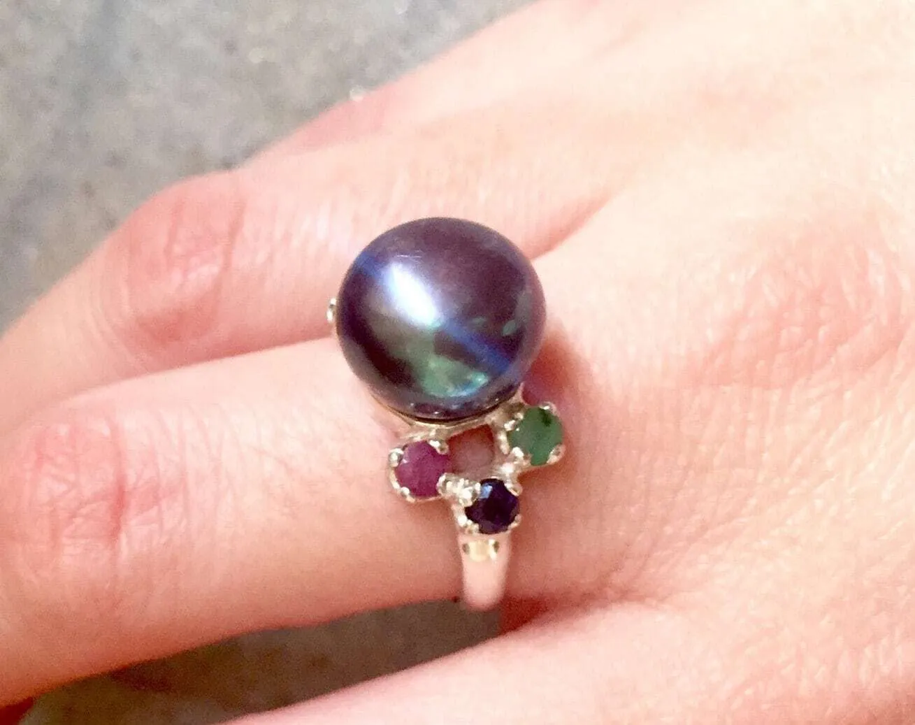 Vintage Black Pearl Ring - Multistone Ring - Natural Black Pearl Ring