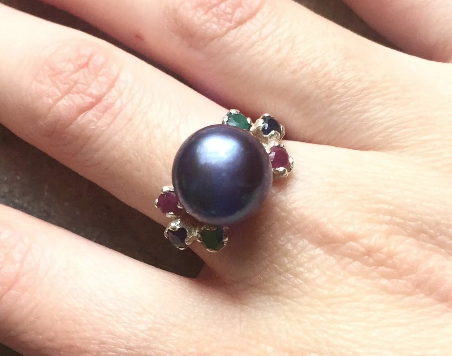 Vintage Black Pearl Ring - Multistone Ring - Natural Black Pearl Ring