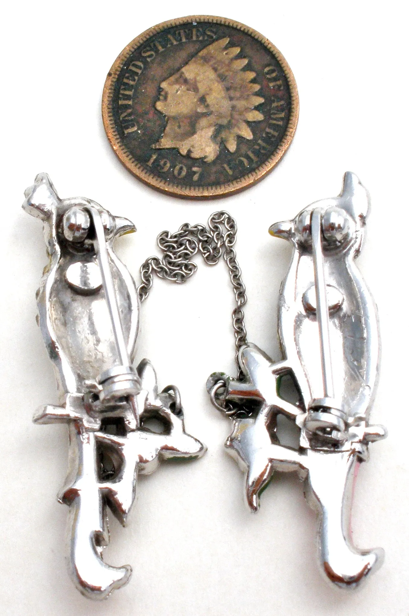 Vintage Pair of Birds Chatelaine Brooch Set