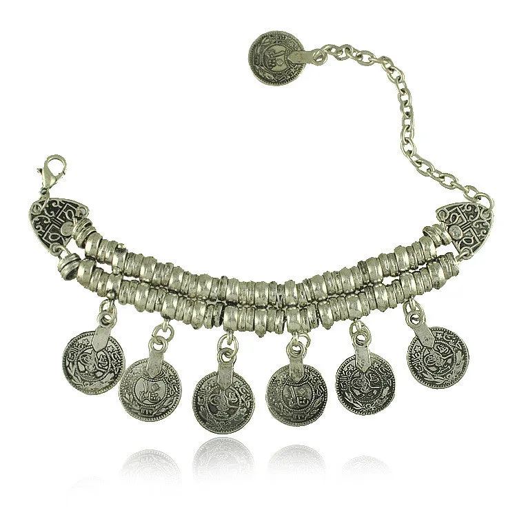 Vintage Tibetan Silver Plated Jewelry Gypsy Coin Carving Bracelets Retro Gold And Silver Plated Bracelets Hand Jewelry Gifts