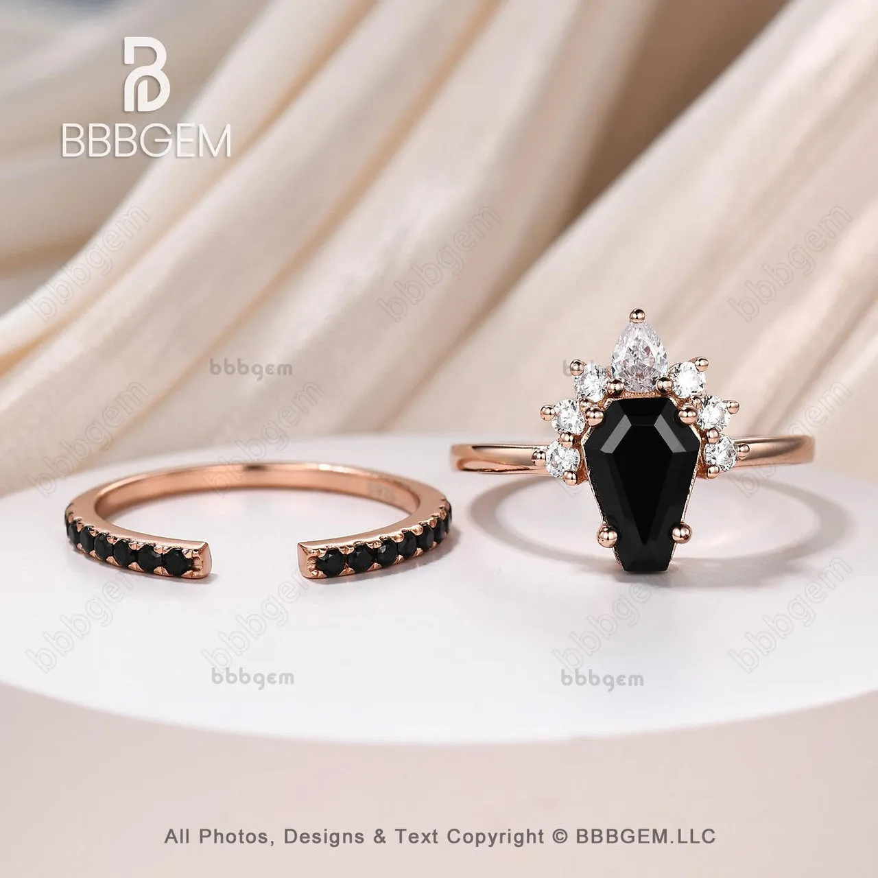 Women Coffin Cut Black Onyx Statement Ring Set in 10K Rose Gold Gothic Natural Onyx Spinel Coffin Engagement Ring