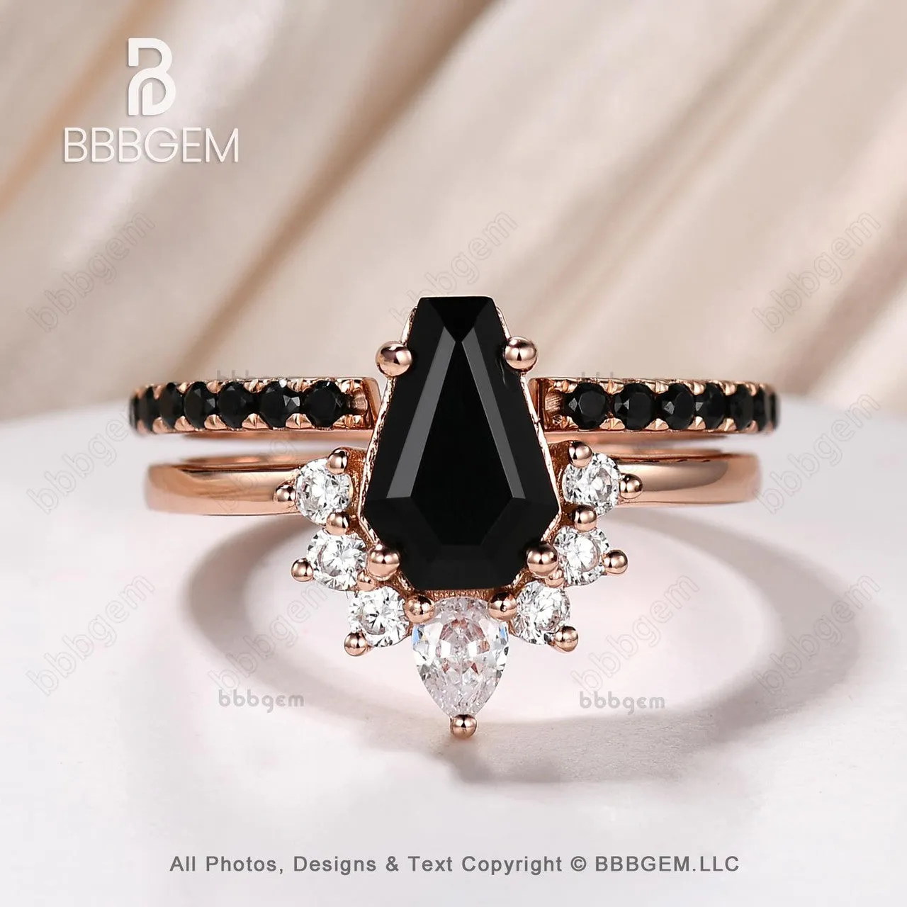 Women Coffin Cut Black Onyx Statement Ring Set in 10K Rose Gold Gothic Natural Onyx Spinel Coffin Engagement Ring