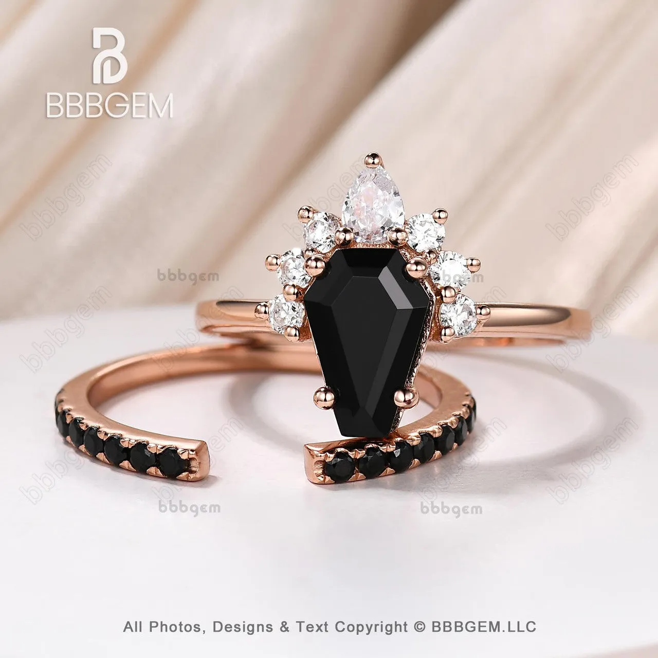 Women Coffin Cut Black Onyx Statement Ring Set in 10K Rose Gold Gothic Natural Onyx Spinel Coffin Engagement Ring