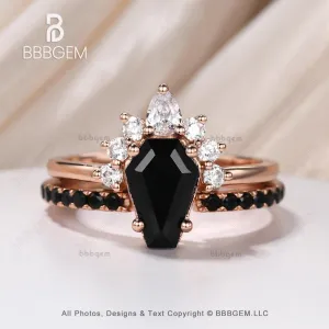 Women Coffin Cut Black Onyx Statement Ring Set in 10K Rose Gold Gothic Natural Onyx Spinel Coffin Engagement Ring