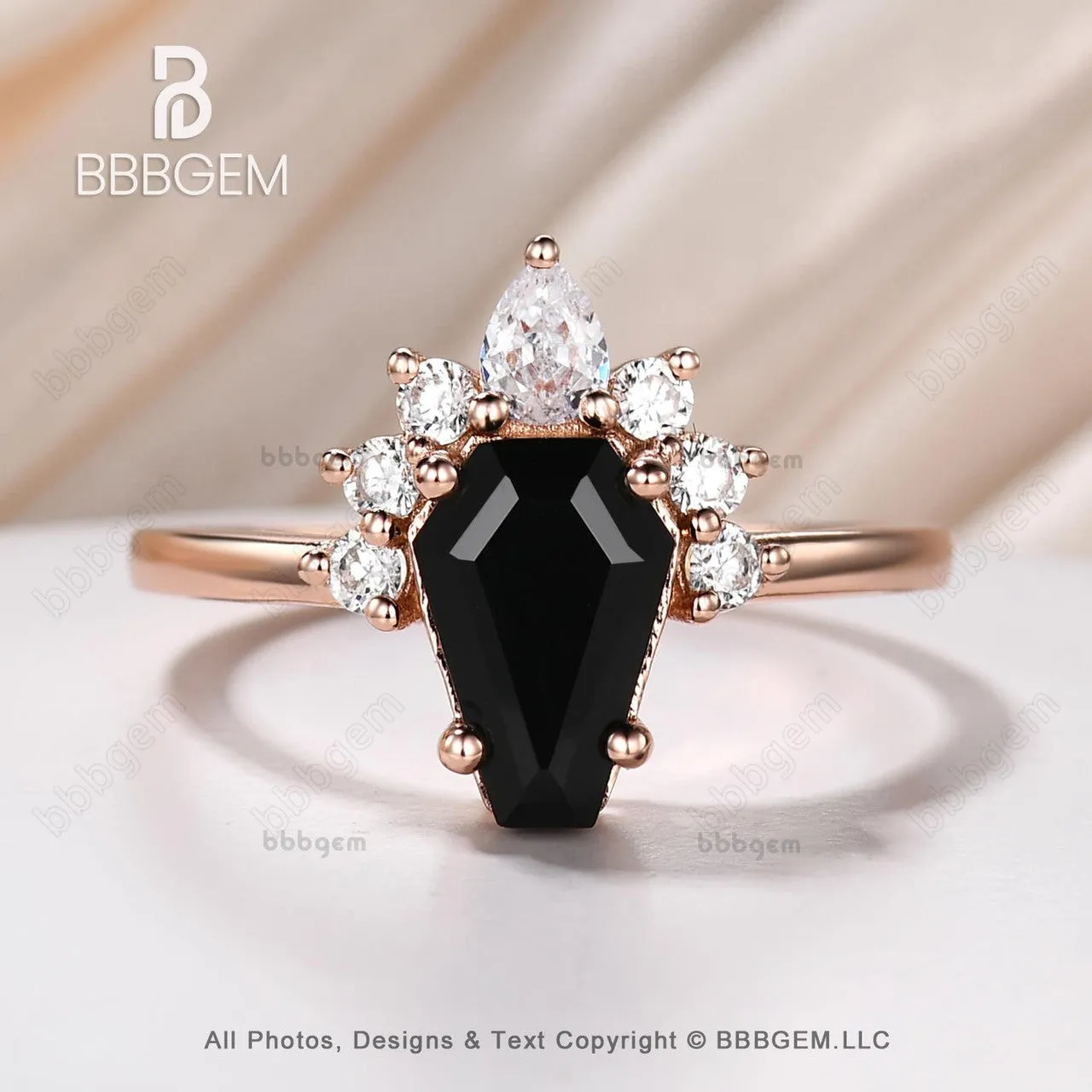 Women Coffin Cut Black Onyx Statement Ring Set in 10K Rose Gold Gothic Natural Onyx Spinel Coffin Engagement Ring