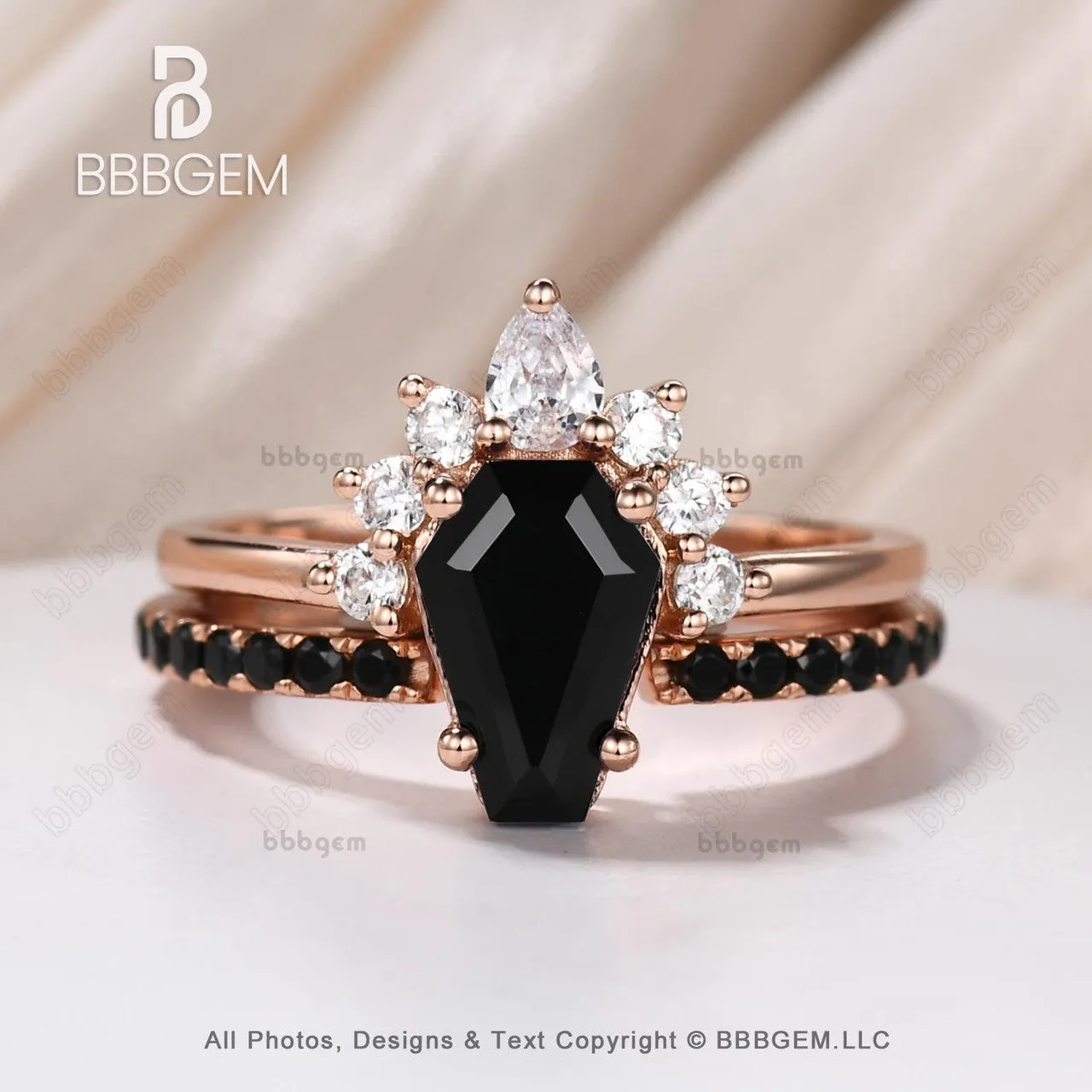 Women Coffin Cut Black Onyx Statement Ring Set in 10K Rose Gold Gothic Natural Onyx Spinel Coffin Engagement Ring