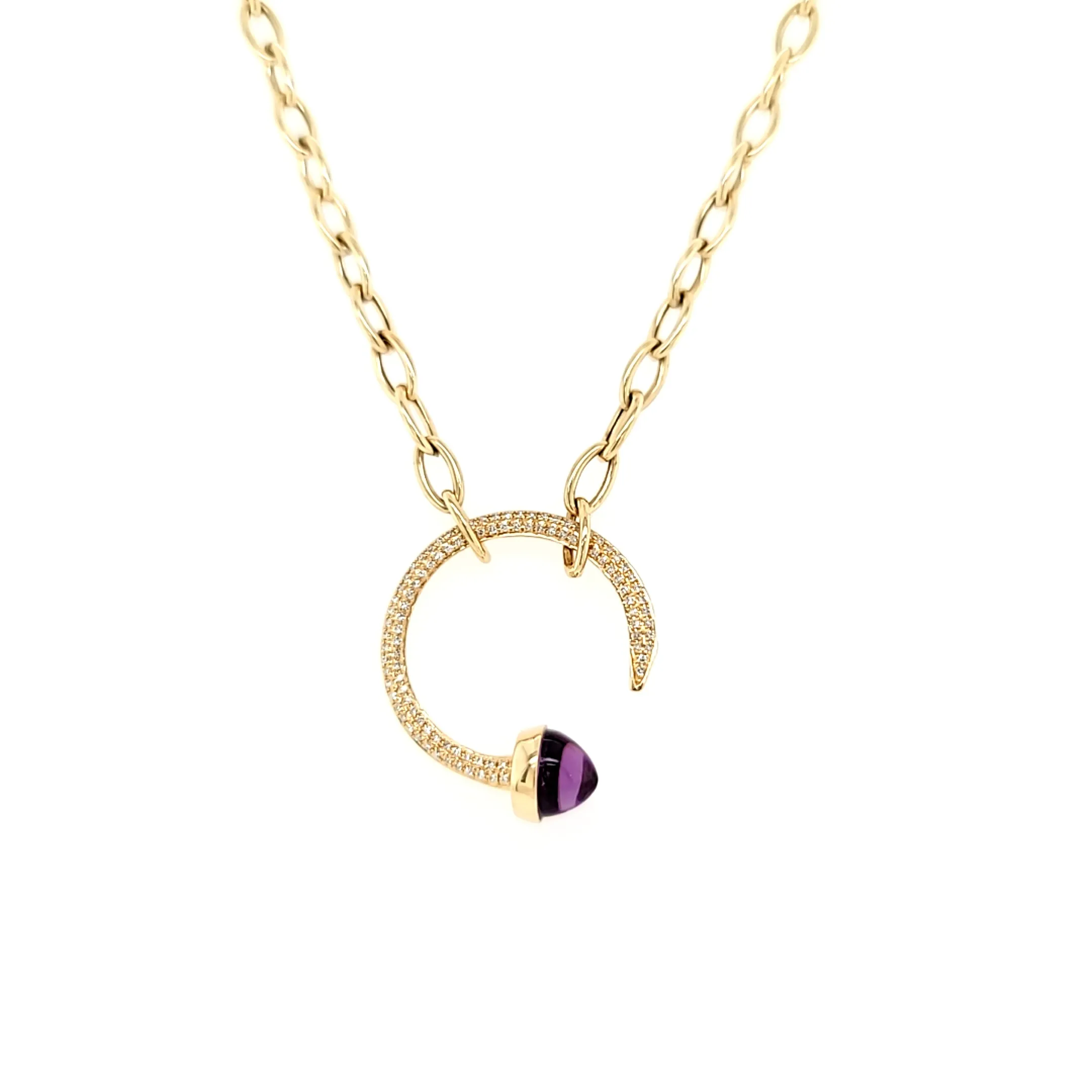 Yellow Gold Amethyst & Diamond Open Circle Necklace (I7208)